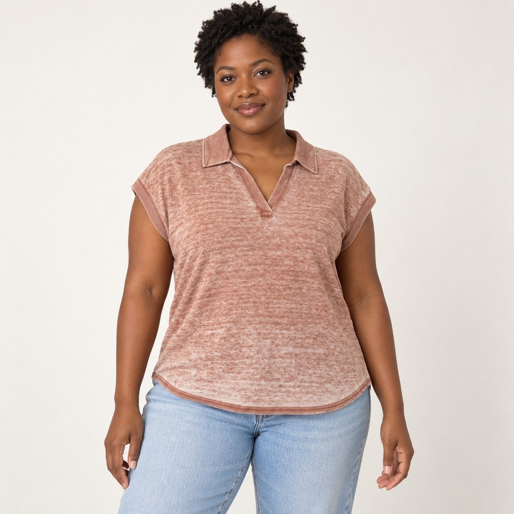 Jane + Delancey Women Large Dusty Rose Marled Ribbed Split-Neck Polo Top